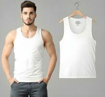 Young man wearing blank white tank top mockup print presentation mockup ai generate photo