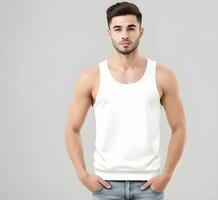 Young man wearing blank white tank top mockup print presentation mockup ai generate photo