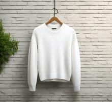 white sweater Mockup With brick Background ai generate photo