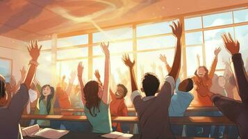 a classroom full of students with their hands up photo