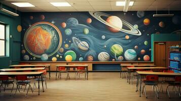 un salón de clases con un vistoso pared con un planeta tema foto