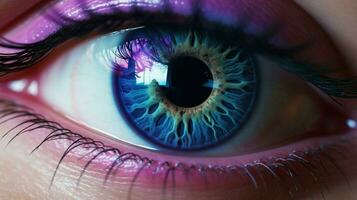 un cerca arriba de un púrpura y azul ojo con el palabra ojo foto