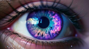 un cerca arriba de un púrpura y azul ojo con el palabra ojo foto