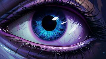 a close up of a purple and blue eye with the word eye photo