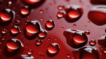 a close up of red water drops on a table photo