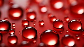 un cerca arriba de rojo agua gotas en un mesa foto