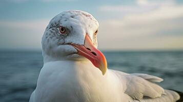 a close up portrait of a black and white seagull photo