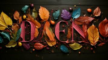 a colorful display of leaves with the word photo