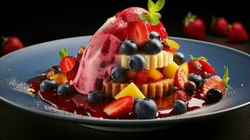 a colorful gourmet dessert with fresh fruit and flavored photo
