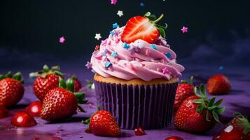 a colorful homemade cupcake with strawberry icing photo