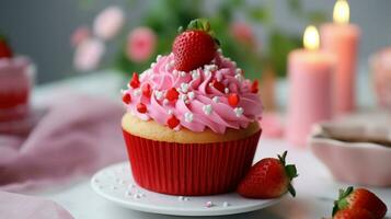 a colorful homemade cupcake with strawberry icing photo