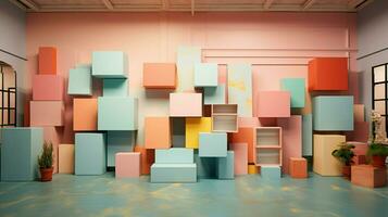 a colorful room with a bunch of boxes photo
