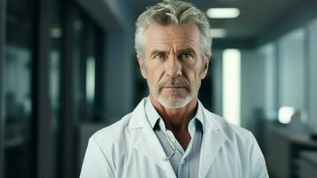 a confident mature doctor in a white coat photo