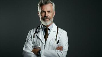 a confident mature doctor in a white coat photo