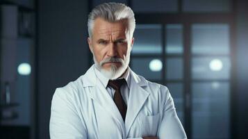 un confidente maduro médico en un blanco Saco foto