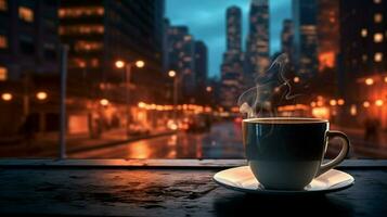 a cup of coffee on a table in front of a street photo