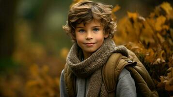 a cute caucasian boy exploring the forest in autumn photo