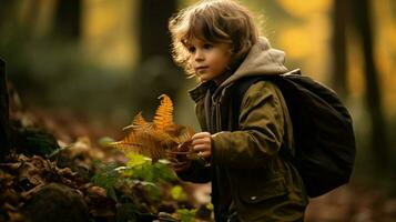 a cute caucasian boy exploring the forest in autumn photo