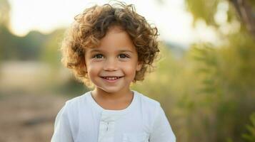 un linda caucásico niño sonriente al aire libre mirando a cámara foto