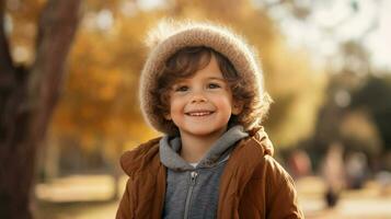 a cute caucasian child smiling outdoors looking at camera photo