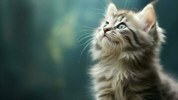 un linda mullido gatito sentado mirando arriba con juguetón foto