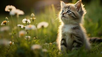 a cute kitten sitting in the grass looking at a flower photo
