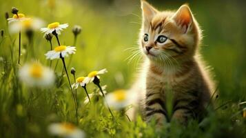 a cute kitten sitting in the grass looking at a flower photo