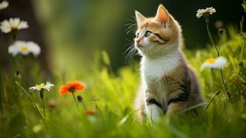 un linda gatito sentado en el césped mirando a un flor foto