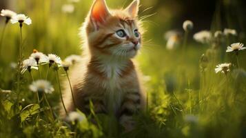 a cute kitten sitting in the grass looking at a flower photo