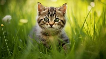 a cute kitten sitting in the grass staring playfully photo