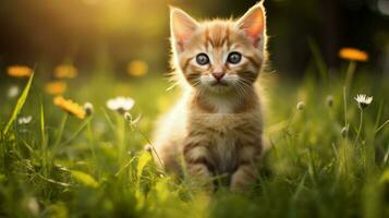 a cute kitten sitting in the grass staring playfully photo