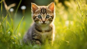 a cute kitten sitting in the grass staring playfully photo