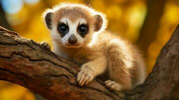 a cute mammal sitting on a branch looking at the camera photo