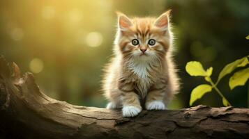 a cute small kitten sitting on a branch looking at camera photo