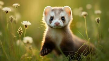 un linda pequeño mamífero un hurón sentado en el césped foto