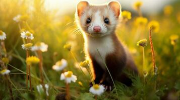 a cute small mammal a ferret sitting in the grass photo