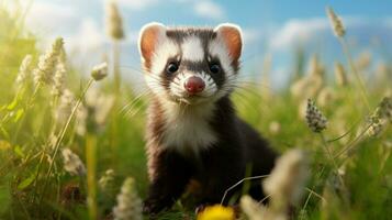 un linda pequeño mamífero un hurón sentado en el césped foto