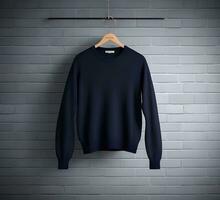 Hanging black sweater Mockup With brick Background ai generate photo