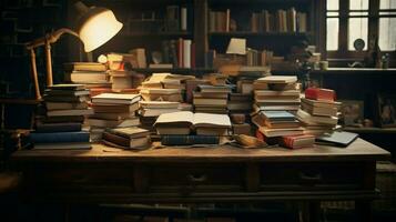 a desk stacked with books for studying photo