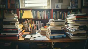 a desk stacked with books for studying photo