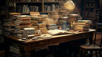 a desk stacked with books for studying photo