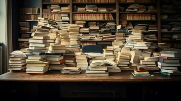 a desk stacked with books for studying photo