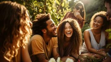 a diverse group of people smiling outdoors enjoying summer photo