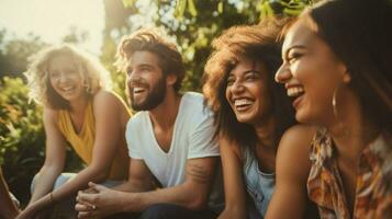 un diverso grupo de personas sonriente al aire libre disfrutando verano foto