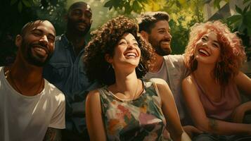 un diverso grupo de personas sonriente al aire libre disfrutando verano foto