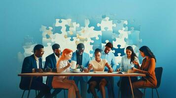 a diverse group of professionals working together facing photo