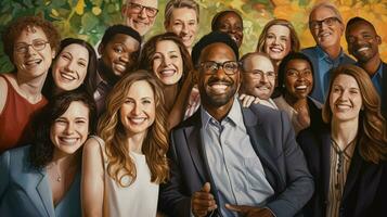 un diverso grupo sonrisas trabajo en equipo Guías éxito foto