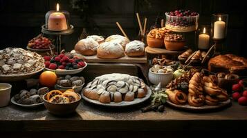 a festive table of baked goods in various shapes and color photo