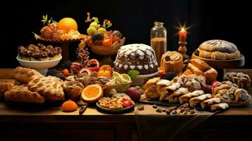 a festive table of baked goods in various shapes and color photo