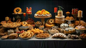 a festive table of baked goods in various shapes and color photo